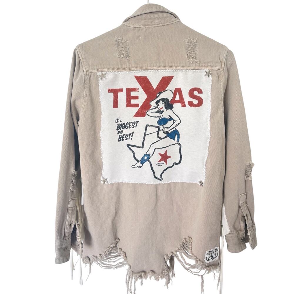 Upcycled Texas Americana Distressed Fringe Denim Shacket Jacket Western S Tan - Picture 1 of 12